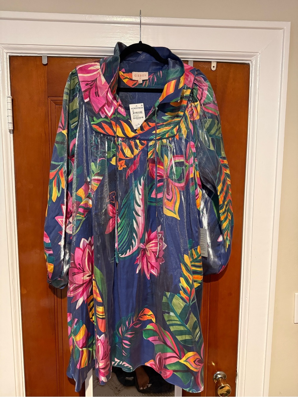Navy Tropical-Print Long Sleeve Dress